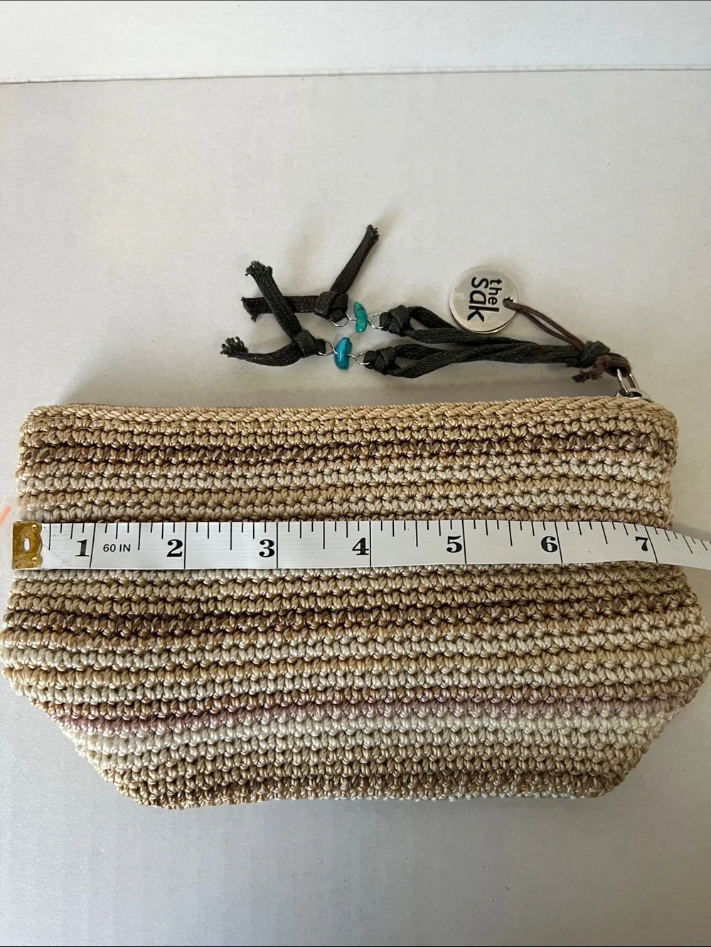 The Sak Beige and Cream Crocheted Cosmetic Pouch with Charm